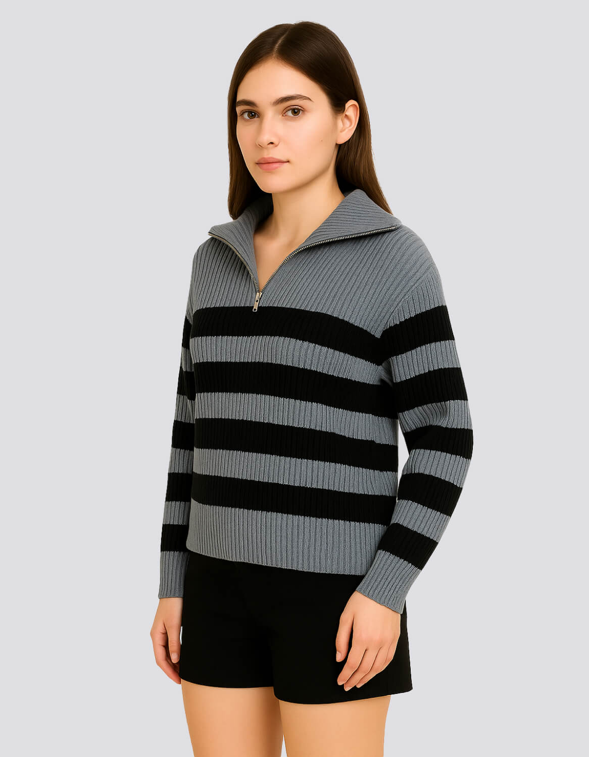 Striped Ribbed Half-Zip Sweater