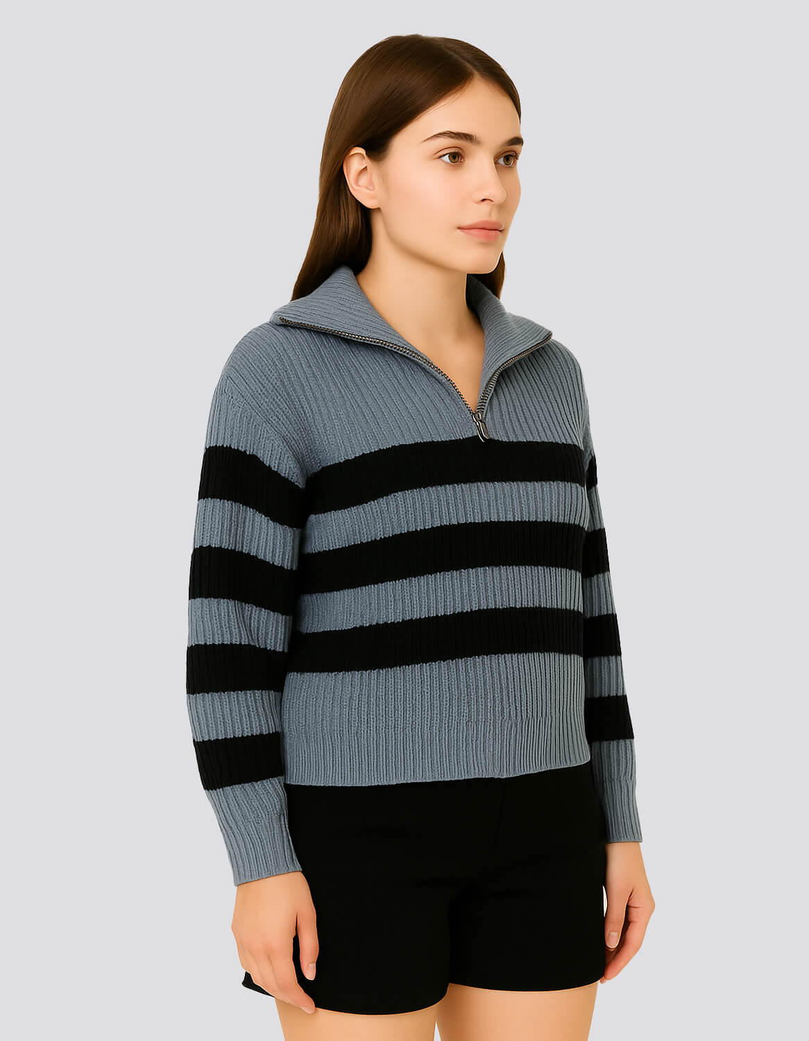 Striped Ribbed Half-Zip Sweater