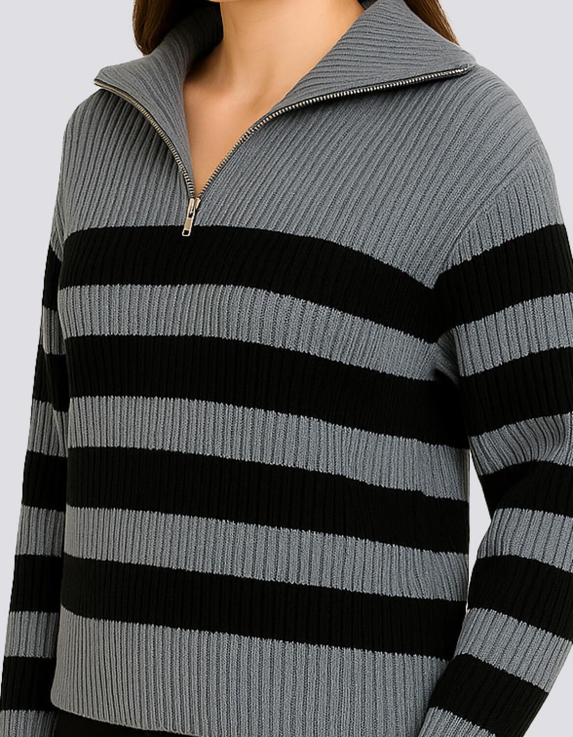 Striped Ribbed Half-Zip Sweater