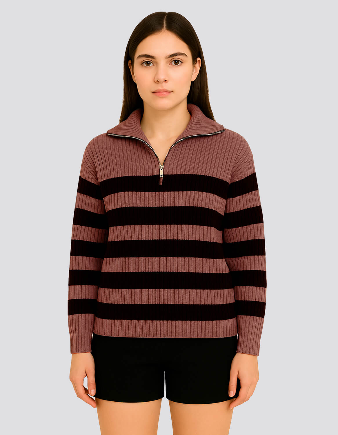 Striped Ribbed Half-Zip Sweater