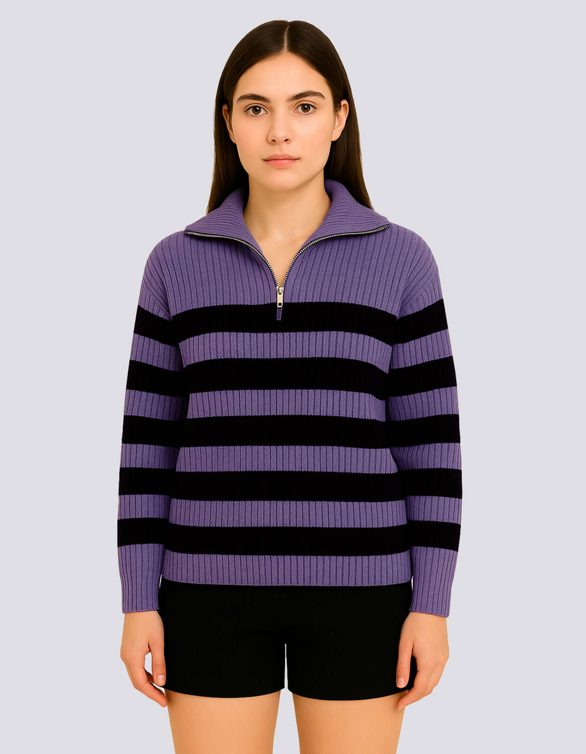 Striped Ribbed Half-Zip Sweater