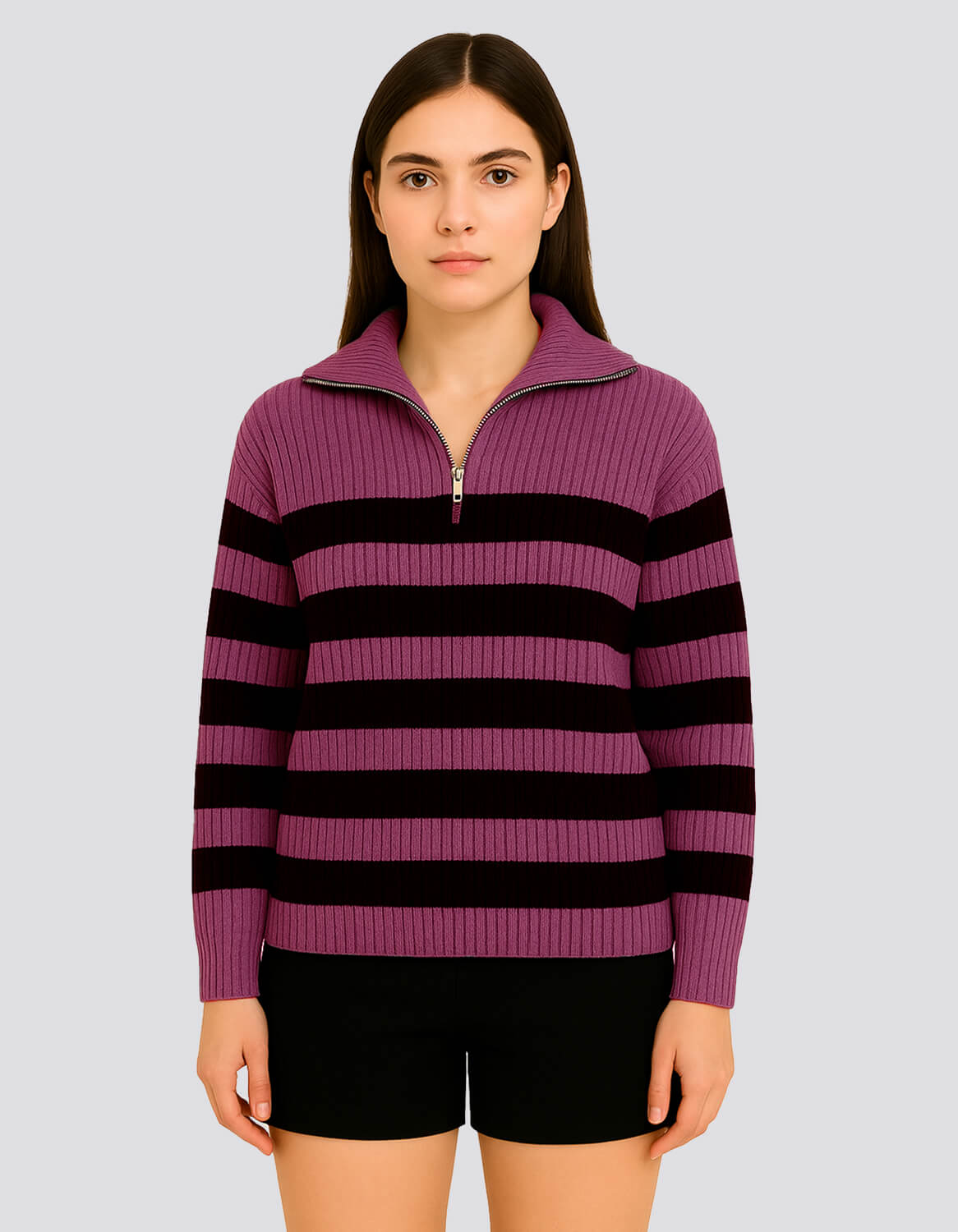 Striped Ribbed Half-Zip Sweater