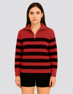 Striped Ribbed Half-Zip Sweater